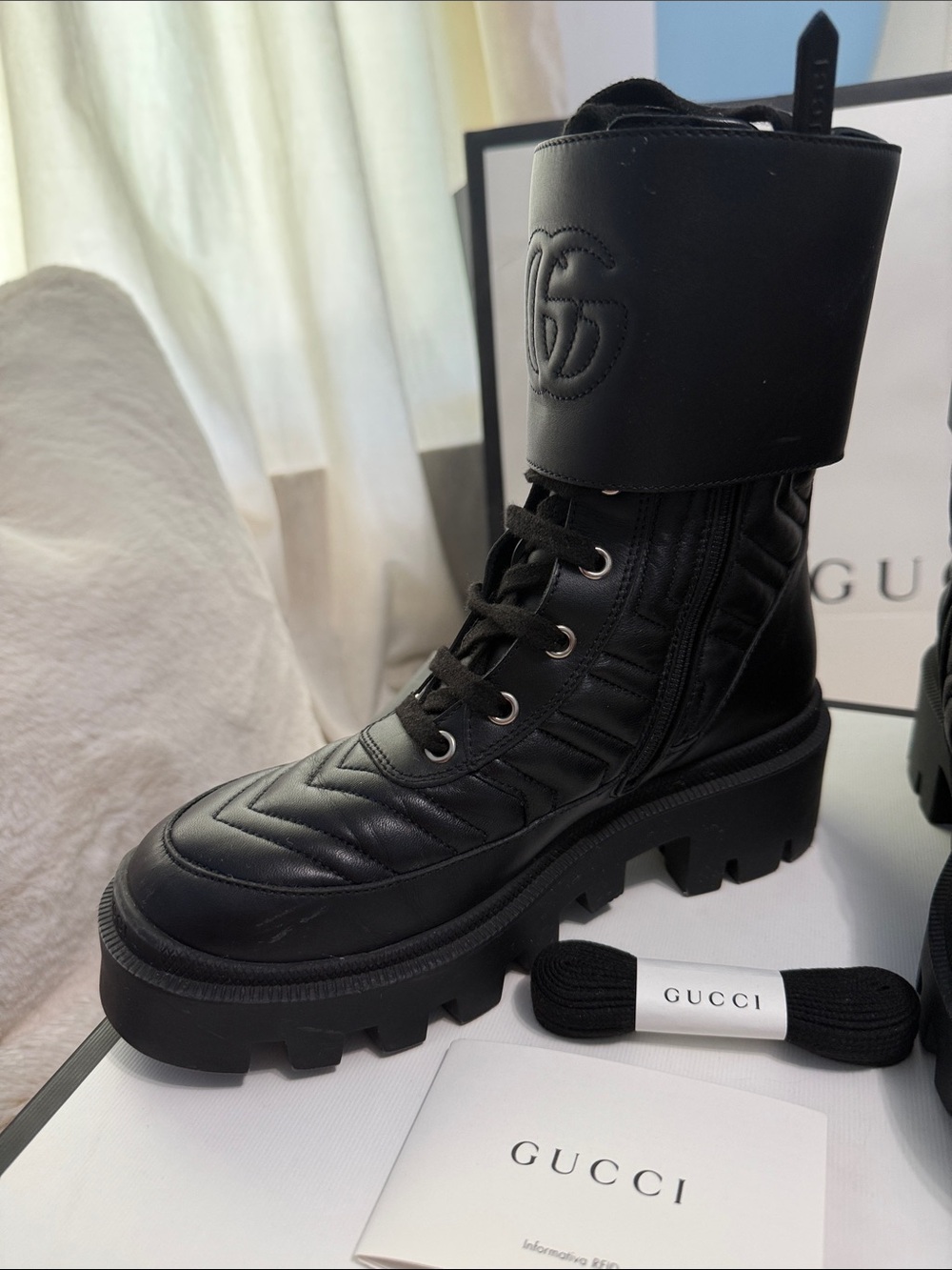 Gucci Black Quilted Leather Lace-Up Combat Boots - Picture 2 of 8